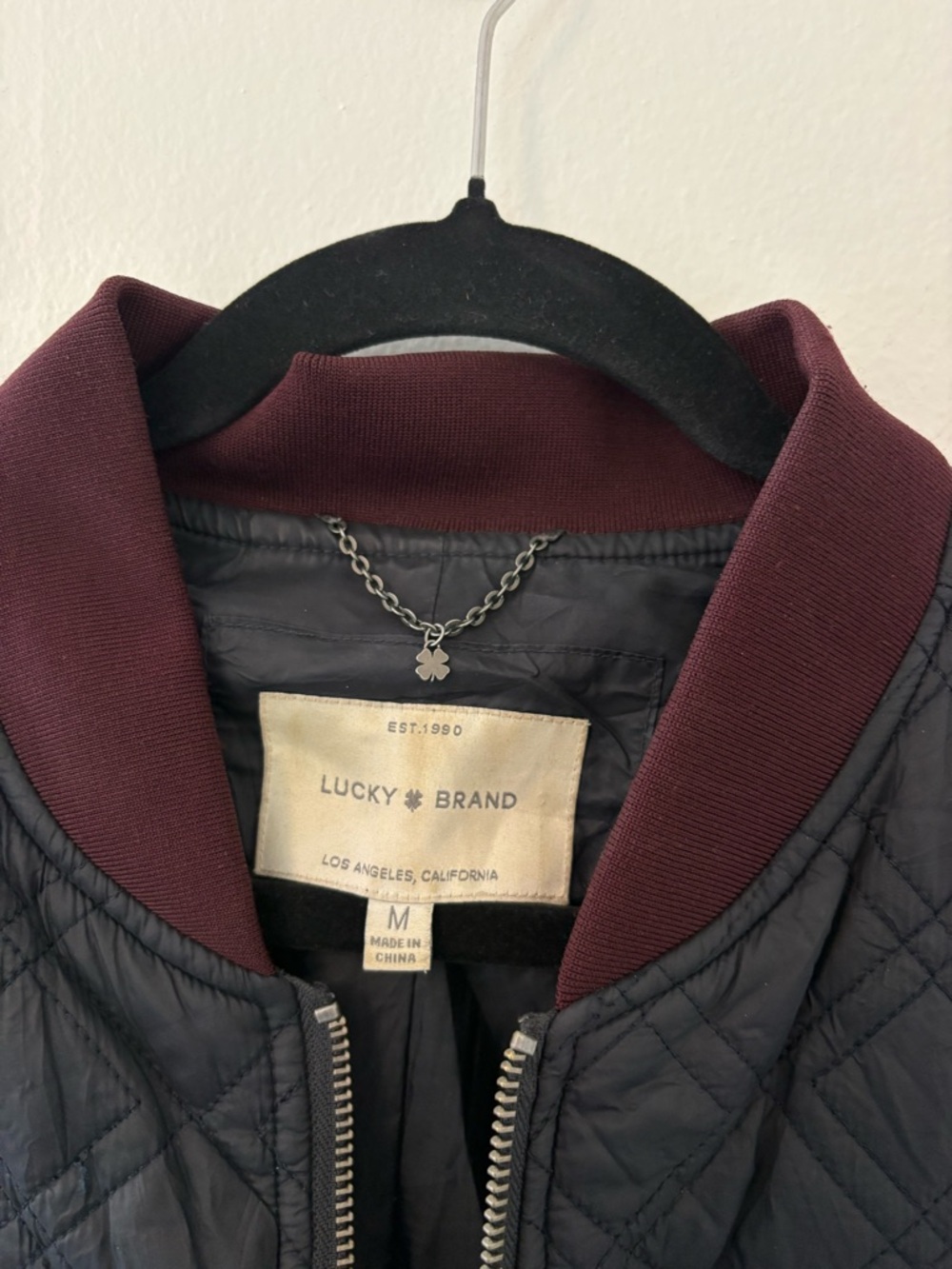Lucky Brand Quilted Bomber Jacket in Charcoal with Burgundy Trim - Picture 3 of 6
